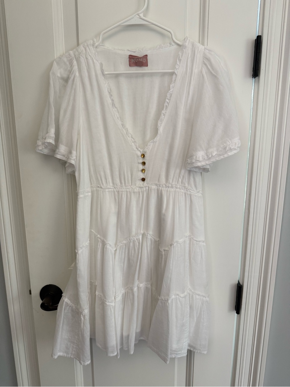 Show Me Your MuMu White V-Neck Babydoll Dress with Gold Buttons
